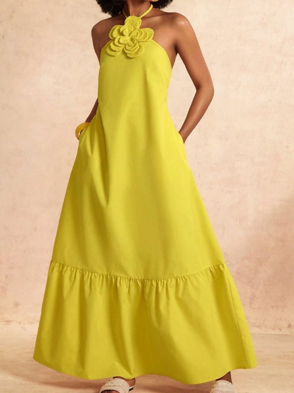 Yellow Casual Women's Halter Tie-Up 3D Floral Decor Open Back A-Line Dress